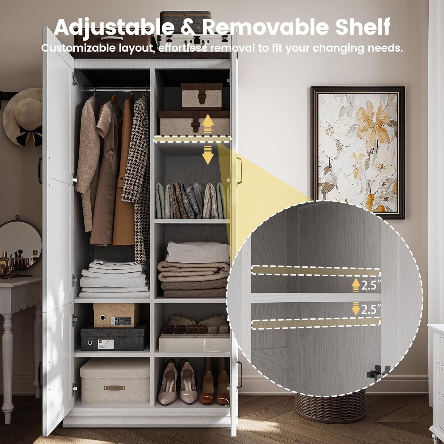 Wardrobe Closet, 71" H Tall Wooden Closet with 5 Clothing Shelves, 4 Doors and Hanging Rod for Hanging Clothes, Bedroom Freestanding Armoire Storage Cabinet, Stand Alone Clothing Unit, White