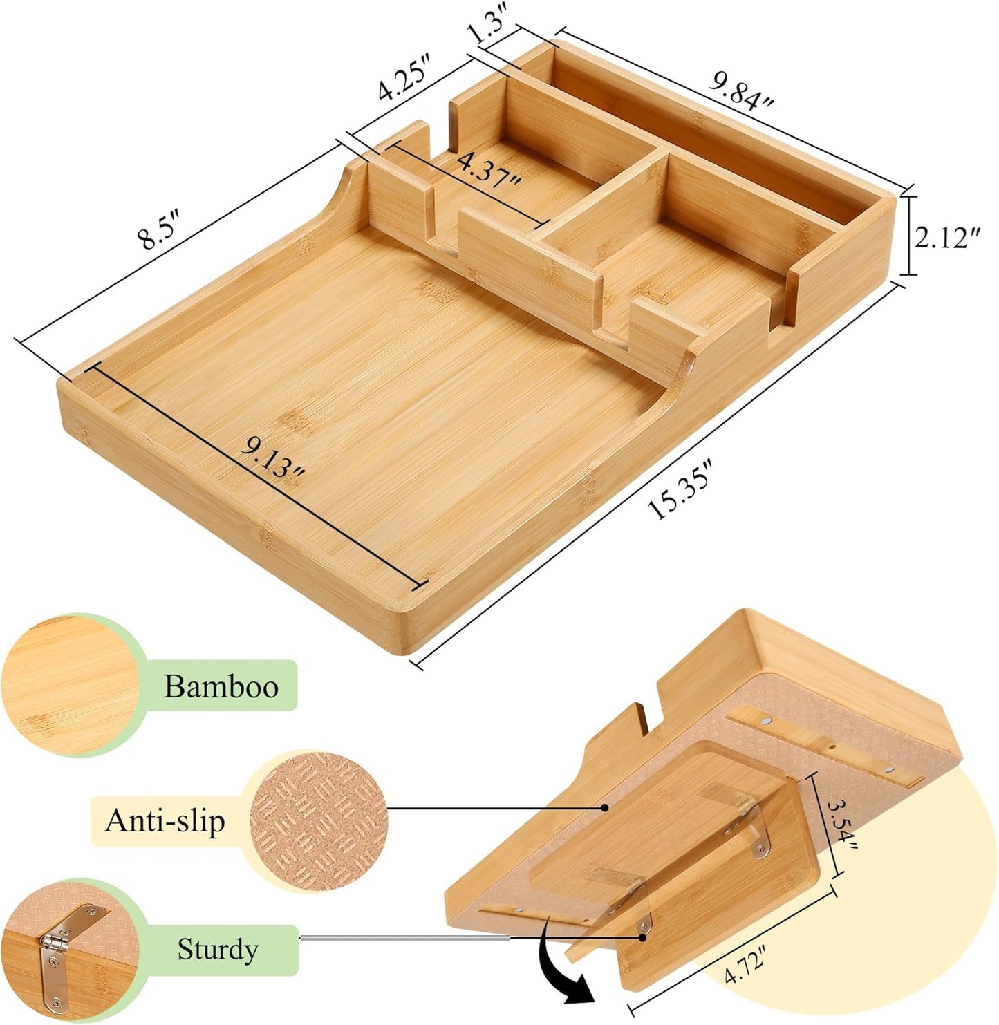 Couch Tray Insert for Middle,Bamboo 15.3″X9.8″ Sofa 2 Cups Holder Table between Couch Cushions,Fit Armless Couch/Sectional, 2-In-1 Fold-Flat Tray for Drink Snack Remote Holder