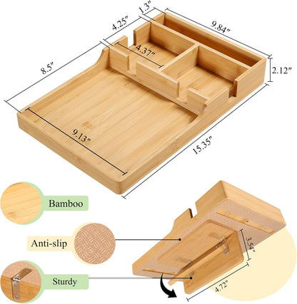 Couch Tray Insert for Middle,Bamboo 15.3″X9.8″ Sofa 2 Cups Holder Table between Couch Cushions,Fit Armless Couch/Sectional, 2-In-1 Fold-Flat Tray for Drink Snack Remote Holder