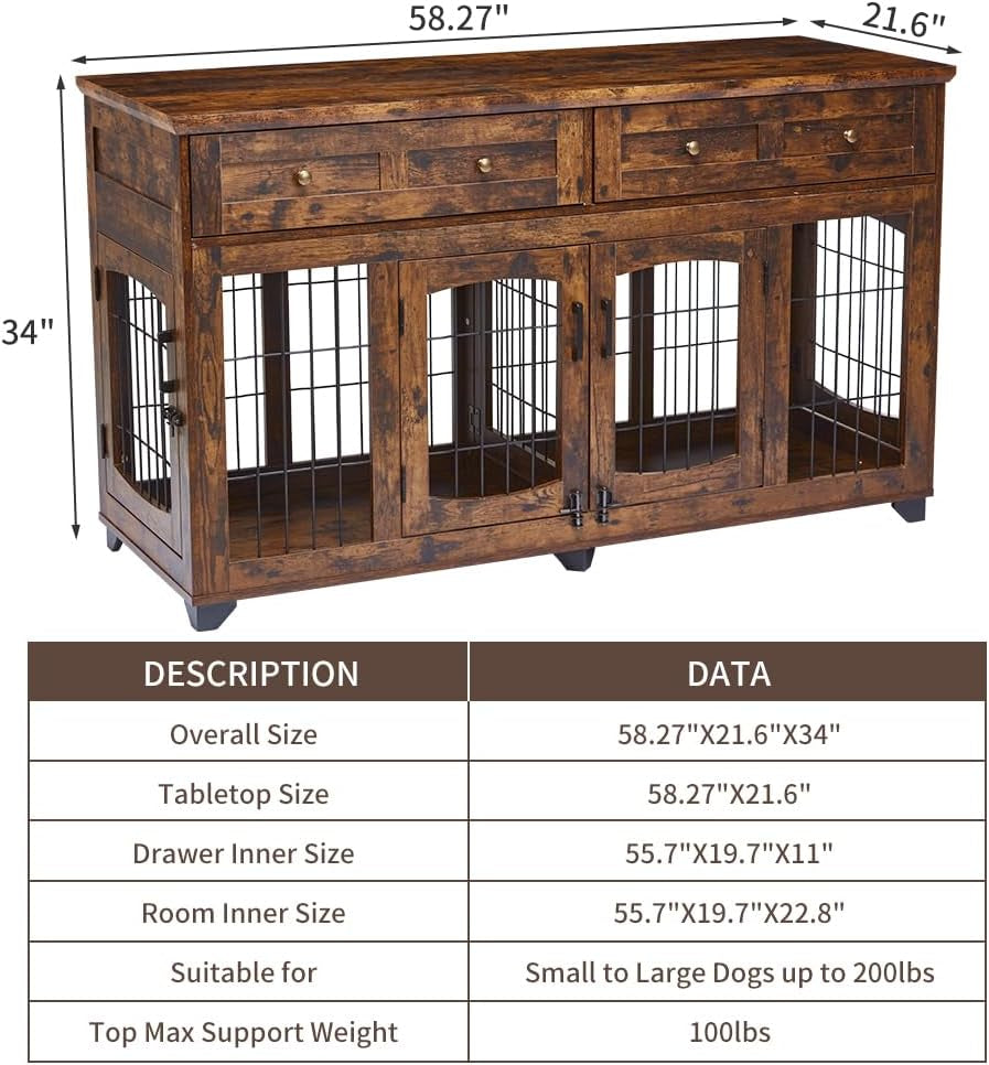 2 Dog Crate Furniture for Large Breeds,Large Dog Kennel Furniture TV Stand,58" Wooden Dog Kennel End Table with Drawers,Double Dog House with Divider
