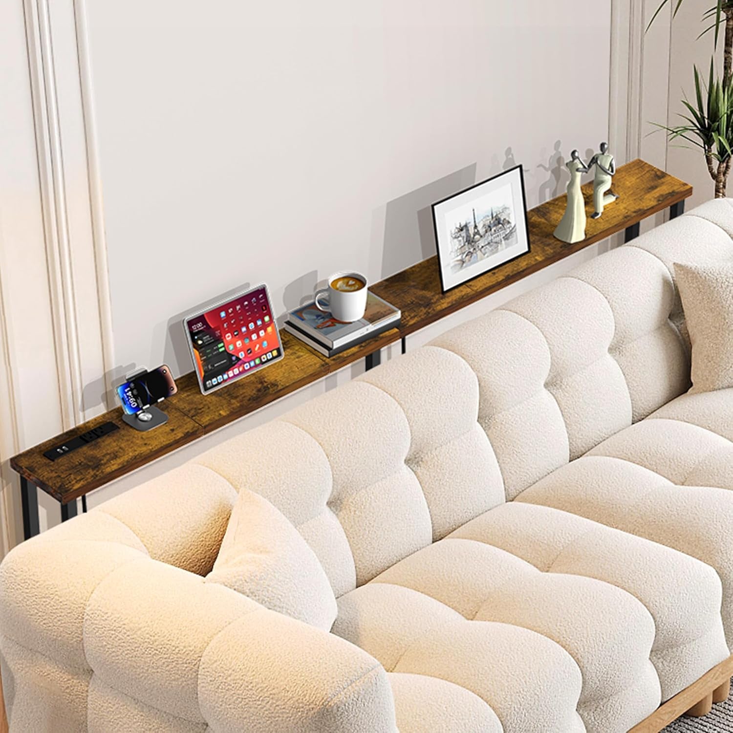 78" Sofa Table with Built-In Power Strip (2 AC Outlets & 2 USB Ports) – 4.9Ft Power Cord, Metal Frame, Easy Assembly, Long Couch Table behind Sofa, Living Room and Home Office | Rustic Brown