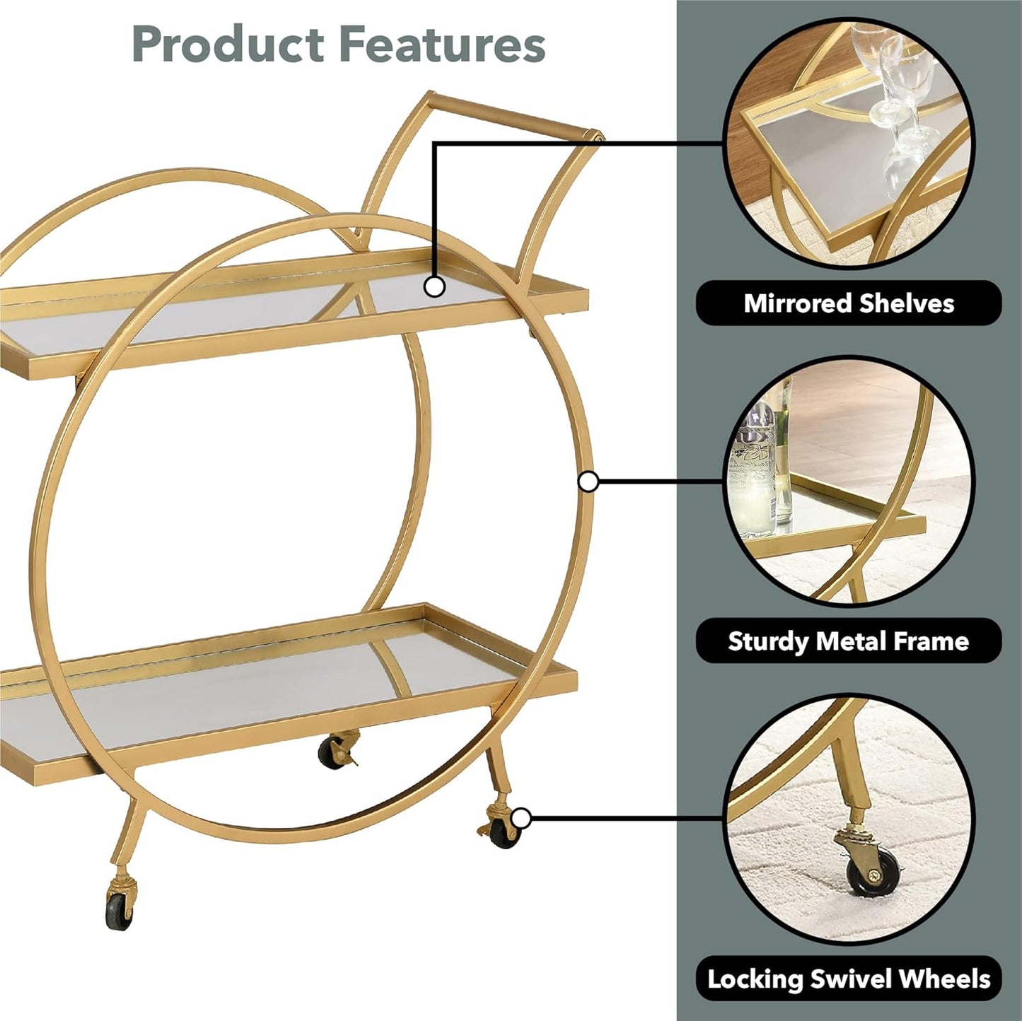 & Co. Gold Odessa Bar Cart, 2 Tier Mobile Mini Bar, Kitchen Serving Cart and Coffee Station with Storage for Liquor, Metal and Mirror, Modern, 28 Inches