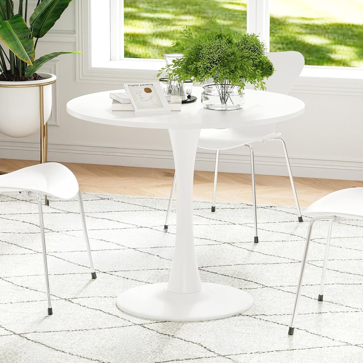 31.5" Small round Dining Table Seats up to 2-4 People,Wood Tabletop Tulip Dining Table with Metal Pedestal Base