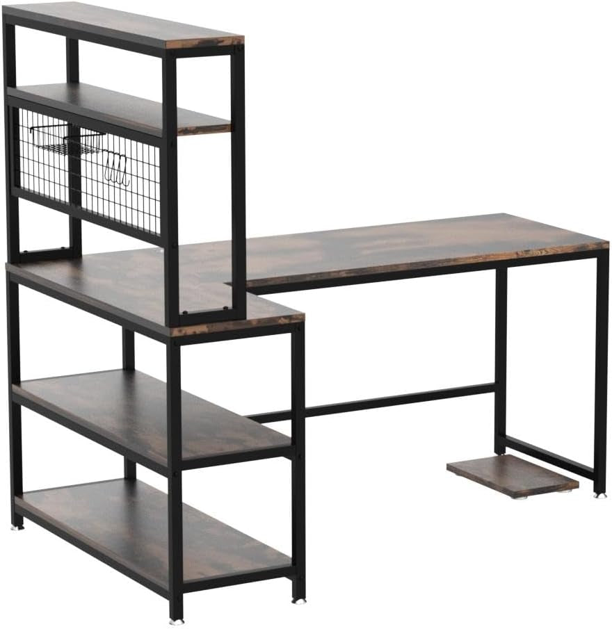 55" L-Shape Computer Desk with Hutch and Wireless Charging, Office Desk Study Table Writing Desk Workstation with 5 Shelves and Movable CPU Stand for Home Office (Brown)