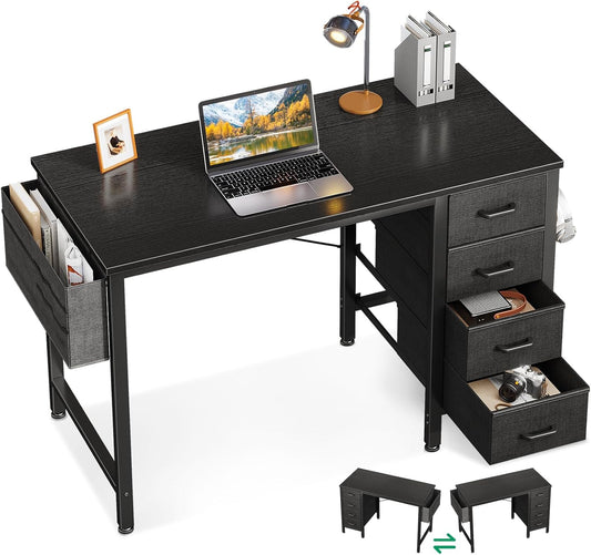 32-Inch Small Computer Desk with 4 Fabric Drawers — Home Office Desks with Storage, Writing Desk with Side Hook and Cloth Bag, Modern Study/Work Table for Bedroom and Small Space, Black