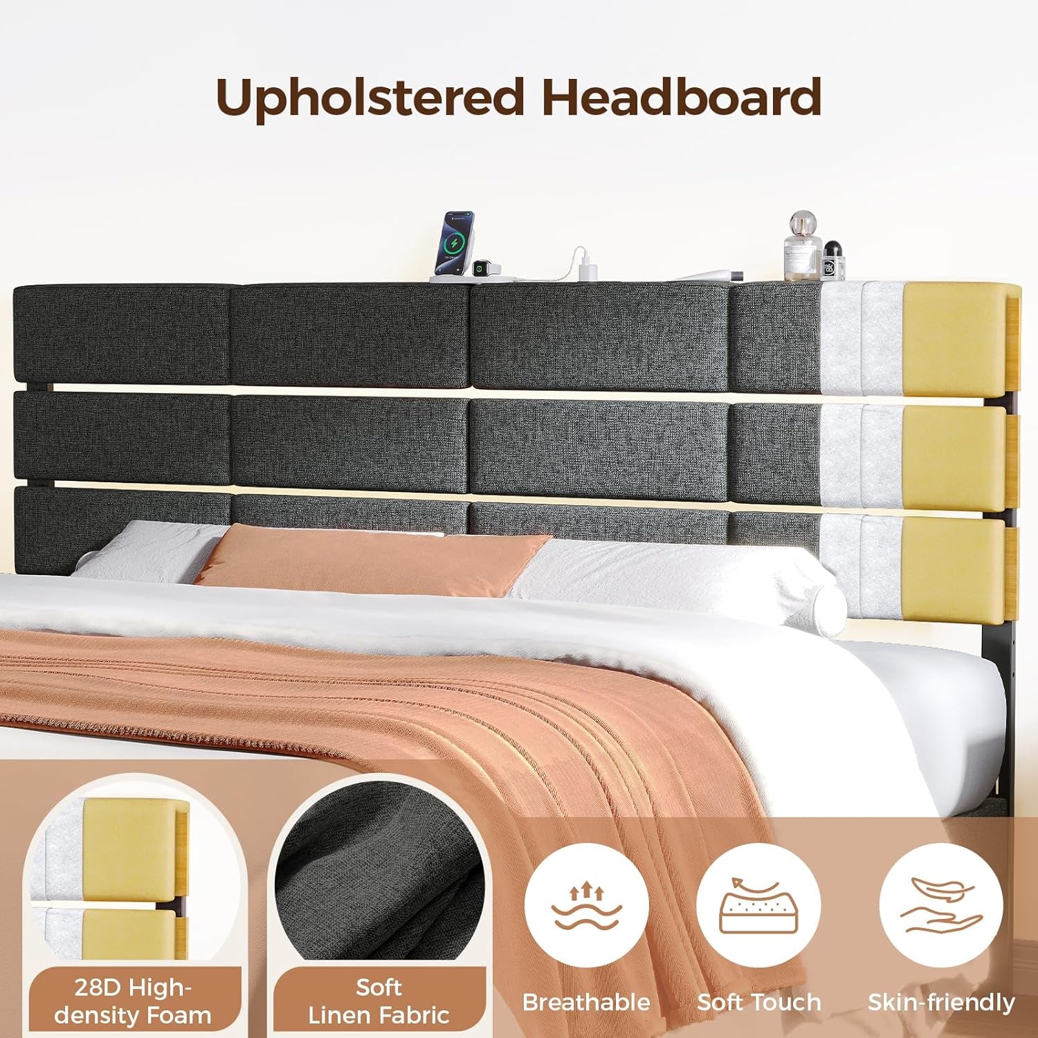 Full/Queen Size Upholstered Headboard, Adjustable Head Boards with LED Light & Charging Station, Bed Headboard Only, Attach Frame, Study & Comfortable, Ideal for Bedroom, Dorm, Guest Room, Dark Grey