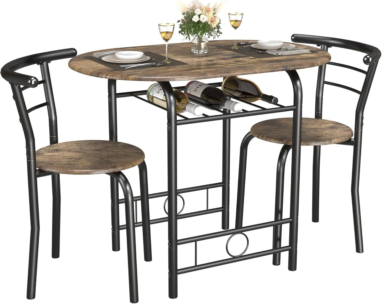 3-Piece Wooden round Table & Chair Set, Space Saving Kitchen Breakfast Nook Wood Grain Tabletop with Metal Frame and Built-In Wine Rack for Kitchen, Dining Room (Walnut/Black)