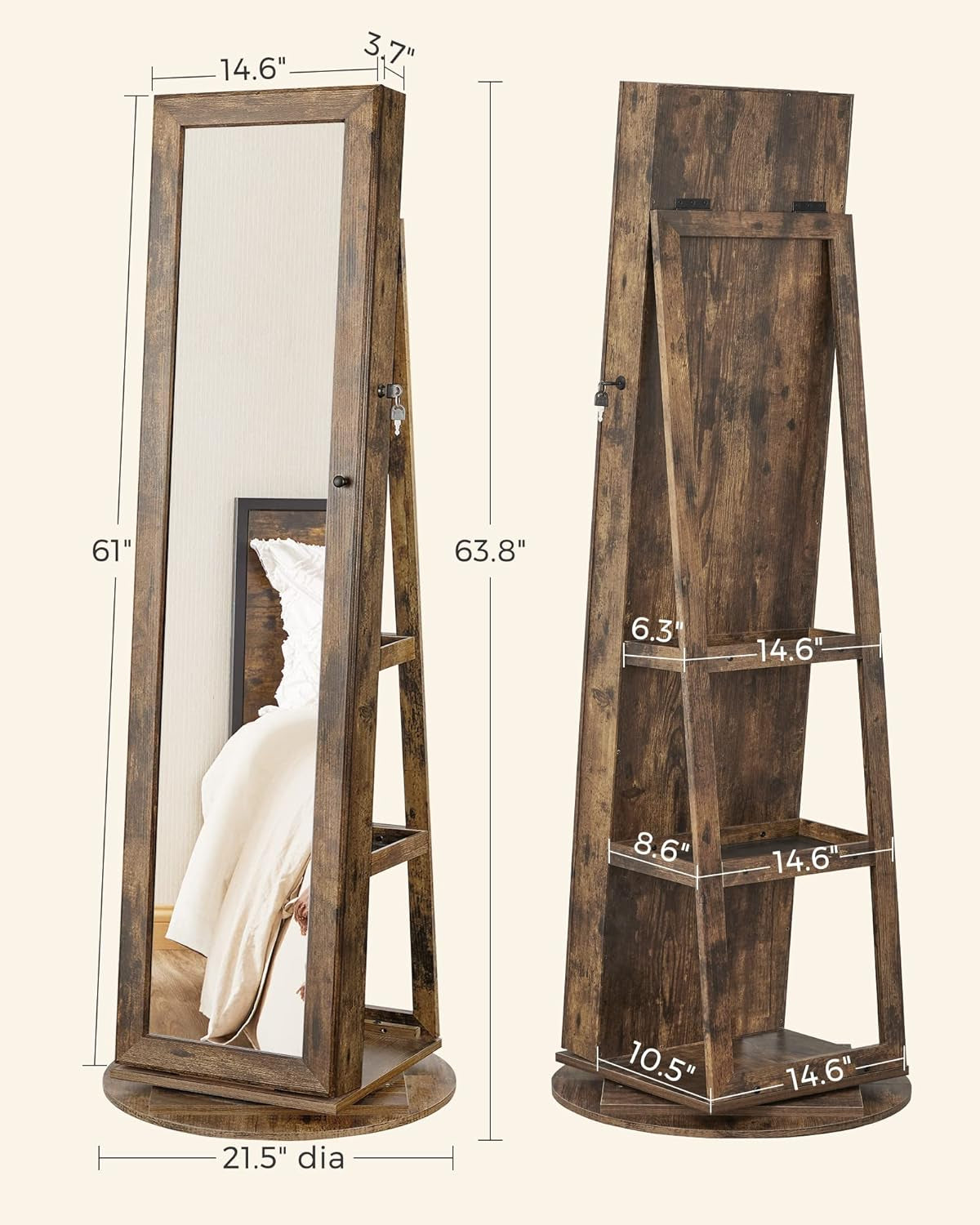 360° Swivel Jewelry Cabinet, Lockable Jewelry Organizer with Full-Length Mirror, Rear Storage Shelves, Interior Mirror, Jewelry Armoire, Gift Idea, Rustic Brown UJJC006X01
