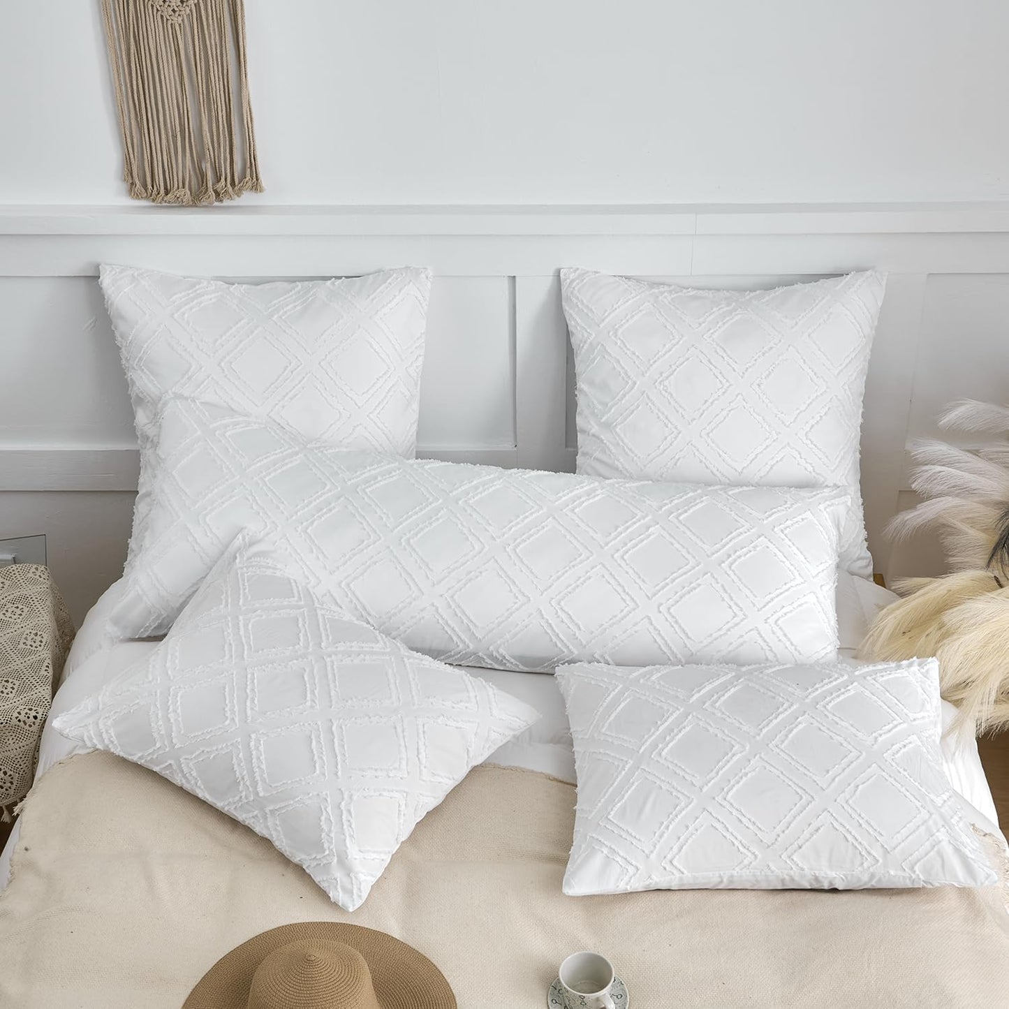 King Pillow Shams 2 Pack, King Size Pillowcases, Soft Microfiber Geometric Tufted Pillow Covers with Envelope Closure, White, 20X36 Inches (No Insert)