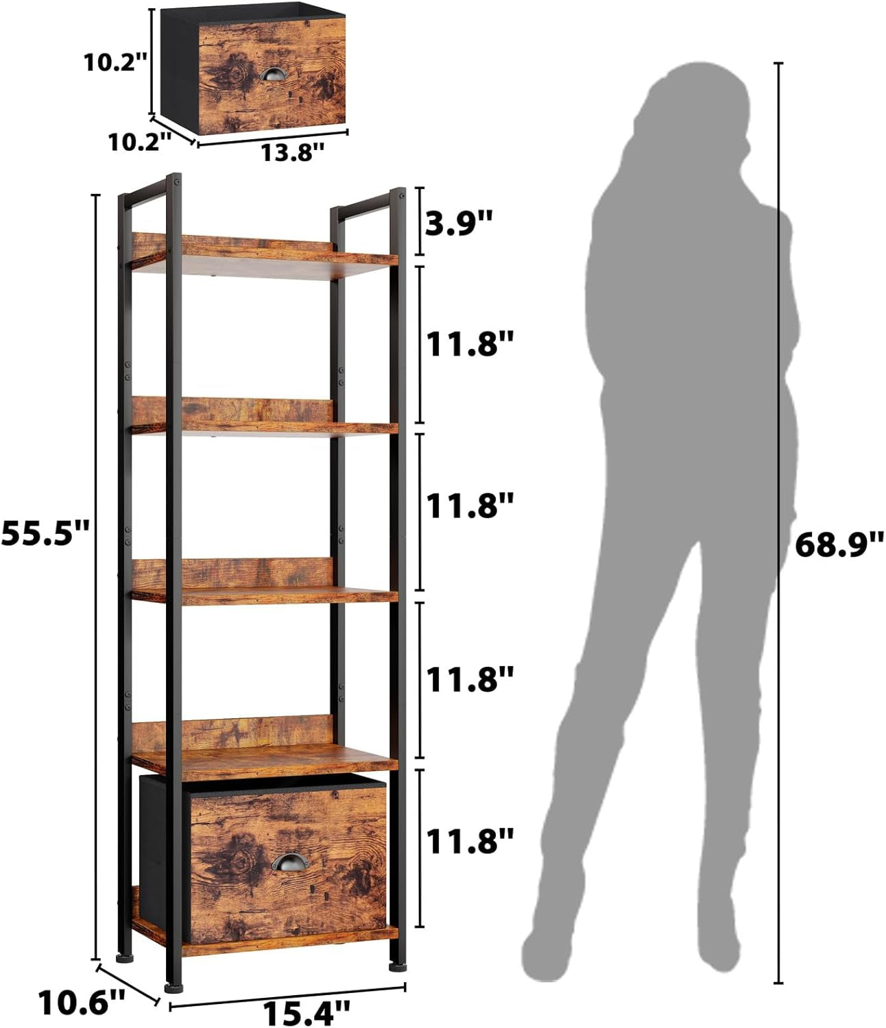 5 Tier Bookshelf with Drawer, Tall Narrow Bookcase with Shelves, Wood and Metal Bookshelves Storage Organizer, Industrial Display Standing Shelf Unit for Bedroom, Living Room, Rustic Brown
