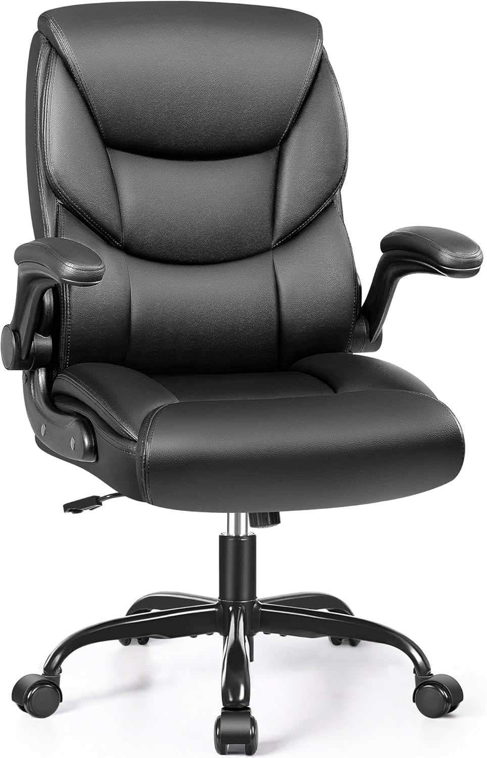 Leather Office Chair - Small PU Ergonomic Desk Chair, Comfy Computer Chair with Wheels and Flip-Up Armrests, Adjustable Height Mid Back Executive Office Chair for Short People-Black