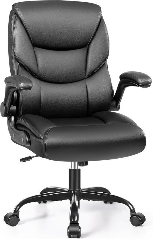 Leather Office Chair - Small PU Ergonomic Desk Chair, Comfy Computer Chair with Wheels and Flip-Up Armrests, Adjustable Height Mid Back Executive Office Chair for Short People-Black