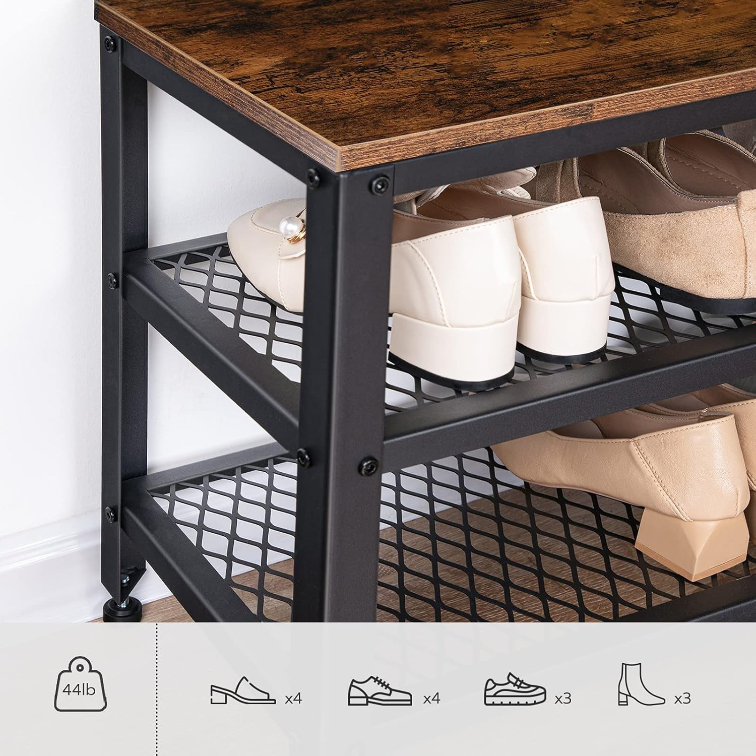 Hall Tree Entryway Storage Bench, Coat Rack Shoe Bench, Shoe Rack Organizer with Coat Hooks, 3-In-1 Design, Wooden Furniture with Metal Frame, Rustic Brown and Black BF17MT01