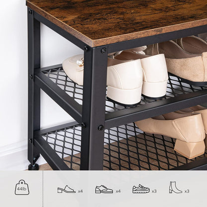 Hall Tree Entryway Storage Bench, Coat Rack Shoe Bench, Shoe Rack Organizer with Coat Hooks, 3-In-1 Design, Wooden Furniture with Metal Frame, Rustic Brown and Black BF17MT01