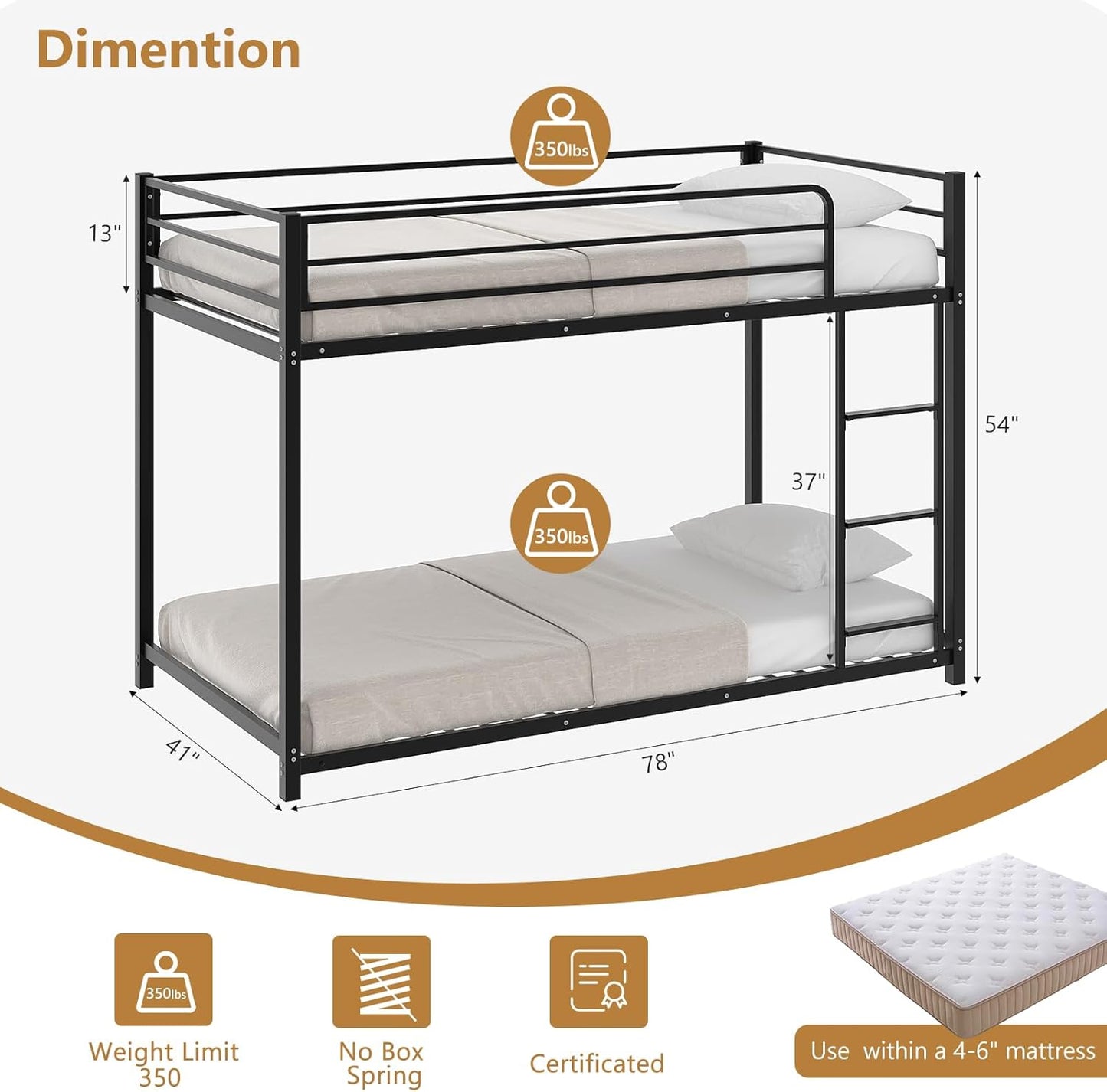 Metal Bunk Bed Full over Full, Twin Size Bed Frame for Boys Girls, Junior, Low Profile Bunk, Space Saving Design, Mattress Not Included (Silver)