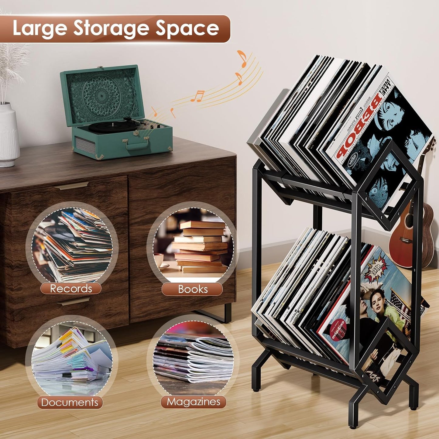 Vinyl Record Storage Rack, Record Holder 160-200 LP Storage Shelf Display Stand for Albums Books Magazines Files, Matte Black