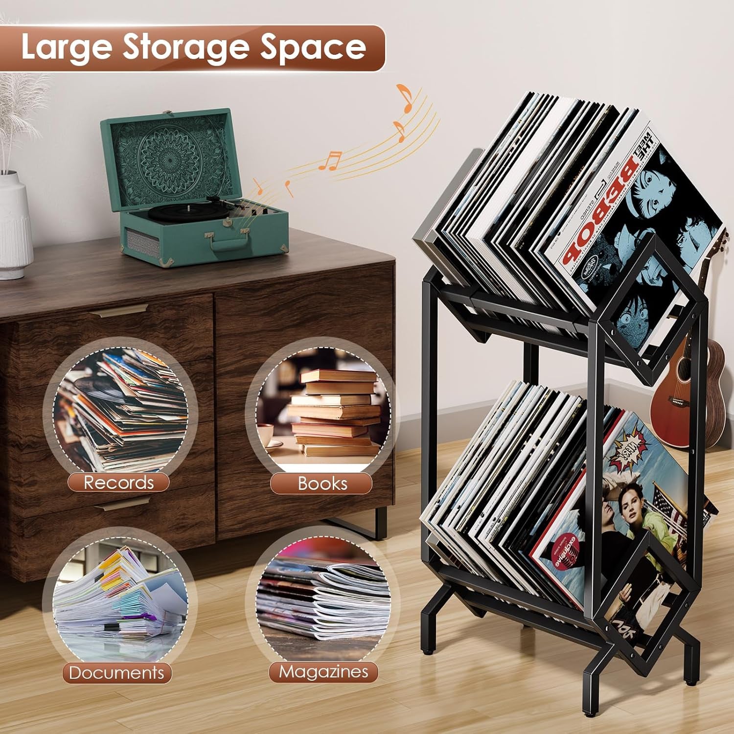 Vinyl Record Storage Rack, Record Holder 160-200 LP Storage Shelf Display Stand for Albums Books Magazines Files, Matte Black