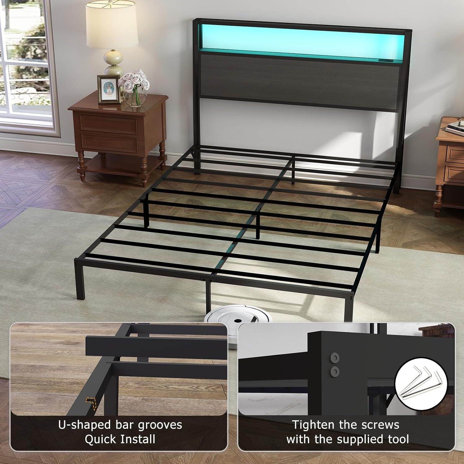 Queen Size Bed Frame with Headboard, Metal Platform Bed Frame with LED Lights & Charging Station, under Bed Storage, Solid and Stable, No Box Spring Needed, Noise Free, Easy Assembly, Dark Grey
