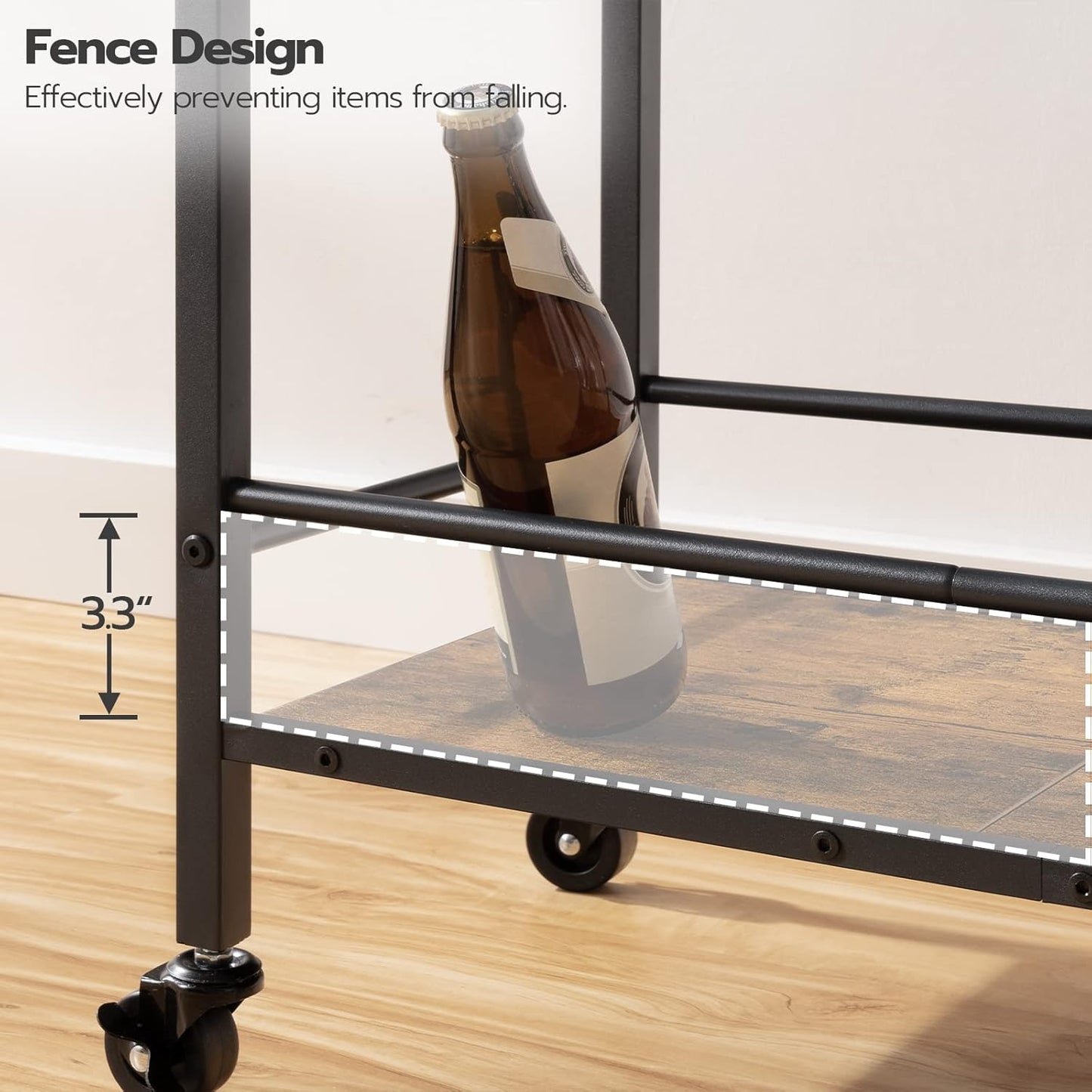 Bar Cart, 3-Tier Coffee Cart with Wheels, Kitchen Cart, Wine Cart with Wine Rack and Glass Holder, Rolling Serving Cart for Home, Living Room, Party, Bar, Rustic Brown and Black BF35TC01G1