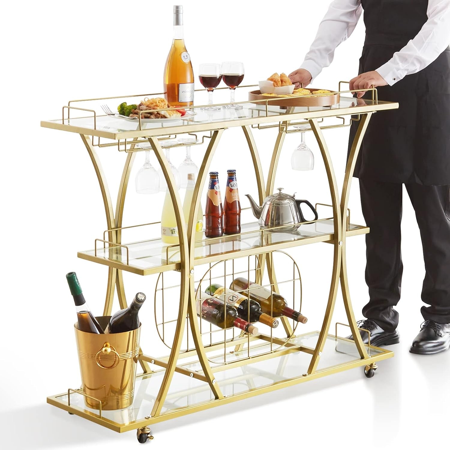 Bar Cart Gold, 3 Tiers Home Bar Serving Cart on Lockable Wheels, Rolling Alcohol Cart with Tempered Glass Shelves Guardrail Wine Rack, Modern Wine Cart for Home Kitchen Dining and Living Room