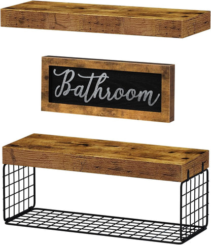 ‎Bathroom Shelves over Toilet - Paper Storage Wall Mounted Farmhouse Decor Decorations Aesthetic Décor Sign Small Floating Shelf 2+1 Set 16 Inch, Rustic Brown (020BN)