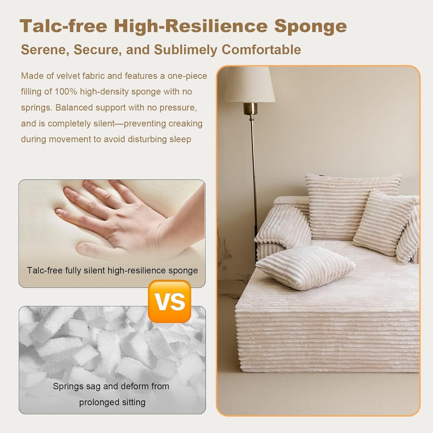 Oversized Chaise Lounge Chair Indoor, Upholstered Single 61'' Rolled Arm Boneless Cloud Sofa Bed Sleeper Couch, No Assembly Faux Rabbit Fur Memory Foam Reading Chair for Living Room Bedroom Beige