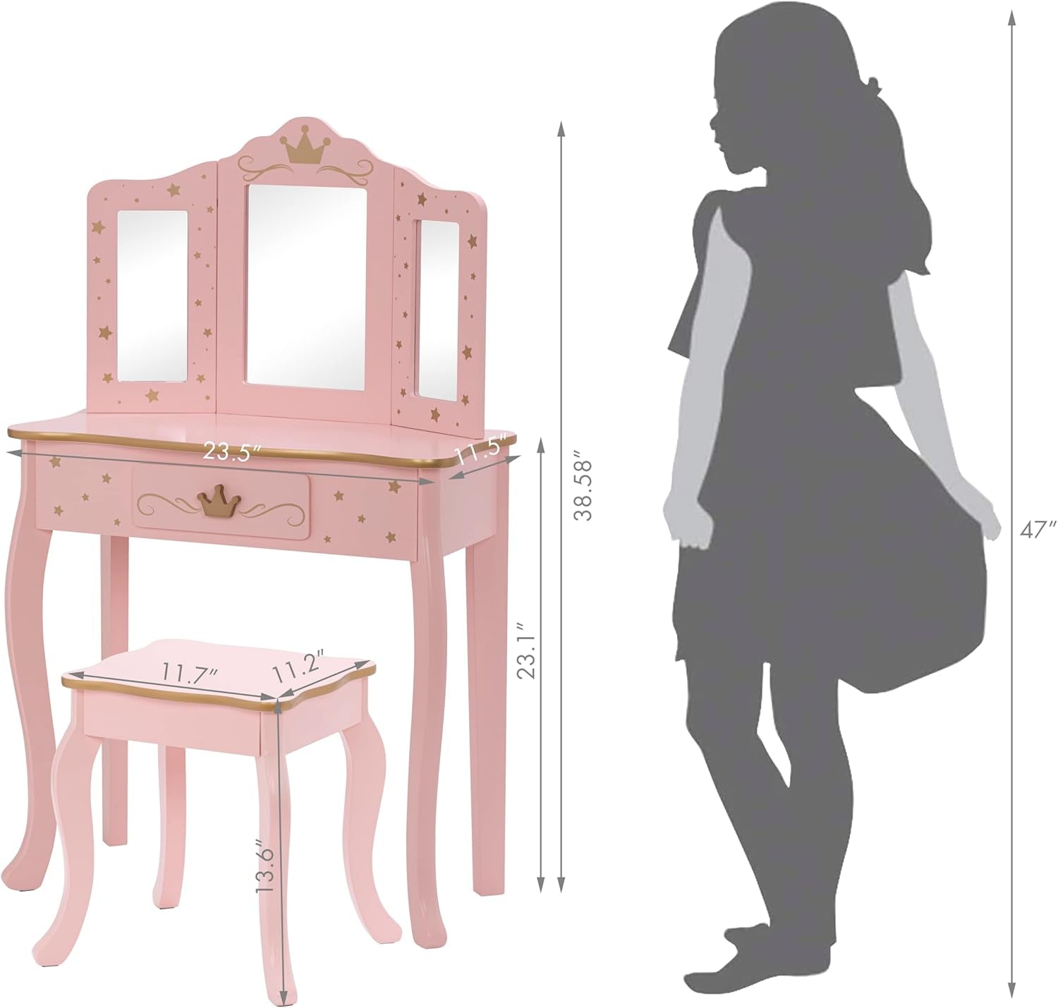Pretend Play Kids Vanity Set with Mirror and Stool, Kids Make up Vanity Desk with Mirrror for Little Girls, Children Makeup Dressing Table with Drawer, Pink