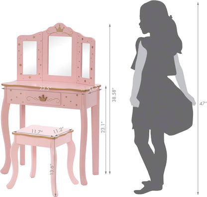 Pretend Play Kids Vanity Set with Mirror and Stool, Kids Make up Vanity Desk with Mirrror for Little Girls, Children Makeup Dressing Table with Drawer, Pink