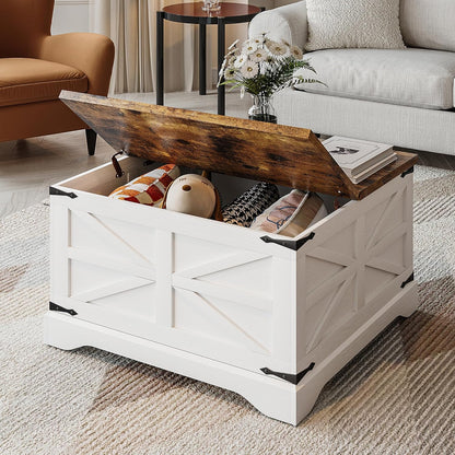 Farmhouse Coffee Table with Storage, Square Coffee Tables for Living Room, Rustic Wood Center Table with Hinged Lifting Tabletop for Home, White