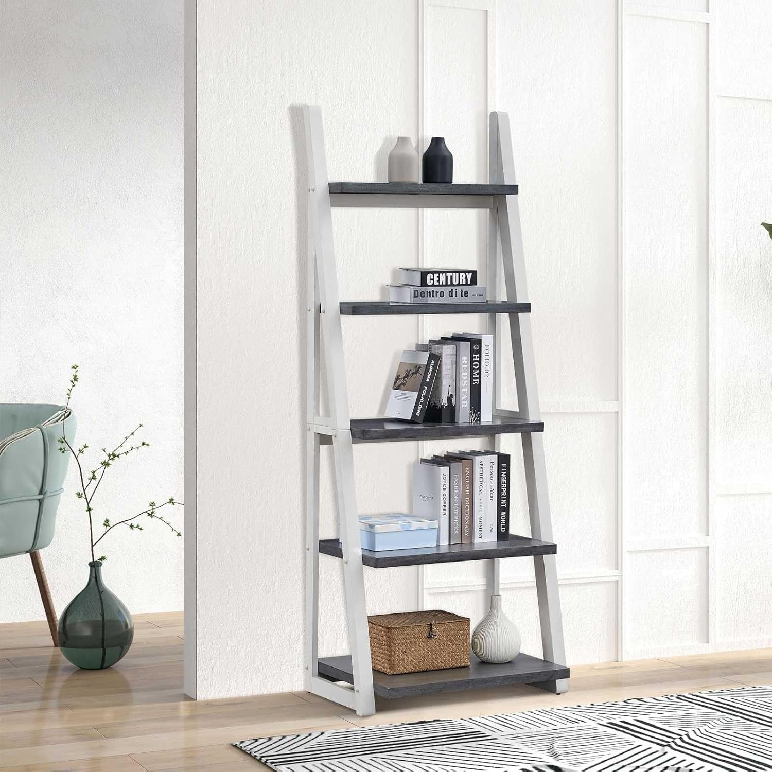 5-Tier Ladder Shelf, 72.01'' Tall Freestanding Bookshelf, Rustic Wood Storage Display Rack, Space-Saving Leaning Ladder Design for Living Room, Home Office, Grey