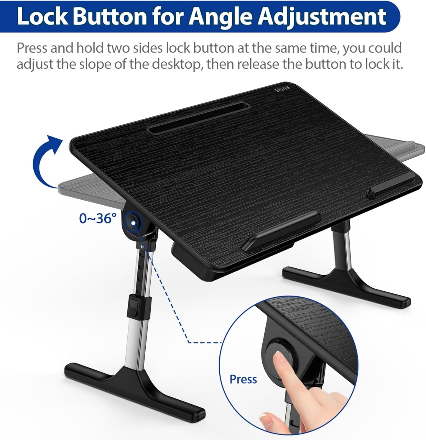 LT05 Adjustable Laptop Table, Lap Desk, Portable Standing Bed Desk, Foldable Sofa Breakfast Tray, Notebook Computer Stand for Reading and Writing, Medium Size, Black