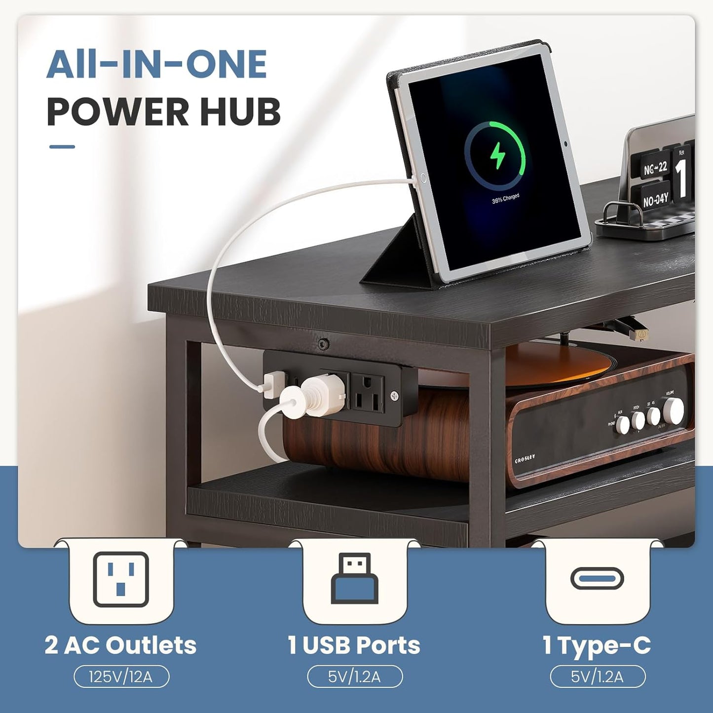 TV Stand for up to 45 Inch TV, Wood Top TV Media Console Table with 6 Fabric Drawers, 2 Shelves, Entertainment Center with LED Lights & Charging Station for Living Room, Hallway, Black