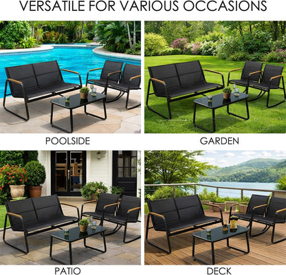 4-Piece Outdoor Patio Furniture Set with Textilene Chairs, Metal Conversation Set, Tempered Glass Coffee Table, Powder-Coated Steel Frame for Garden, Poolside, Backyard Black