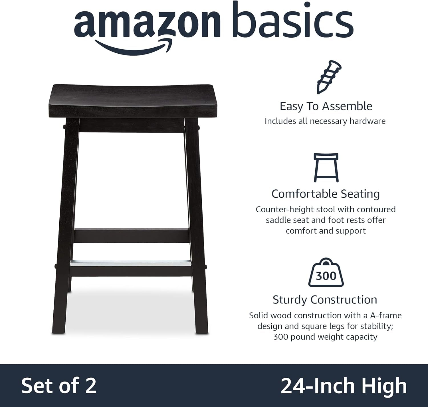 Solid Wood Saddle-Seat Kitchen Counter Barstool with Footrest, Easy Assembly - 24-Inch Height - Black - Set of 2