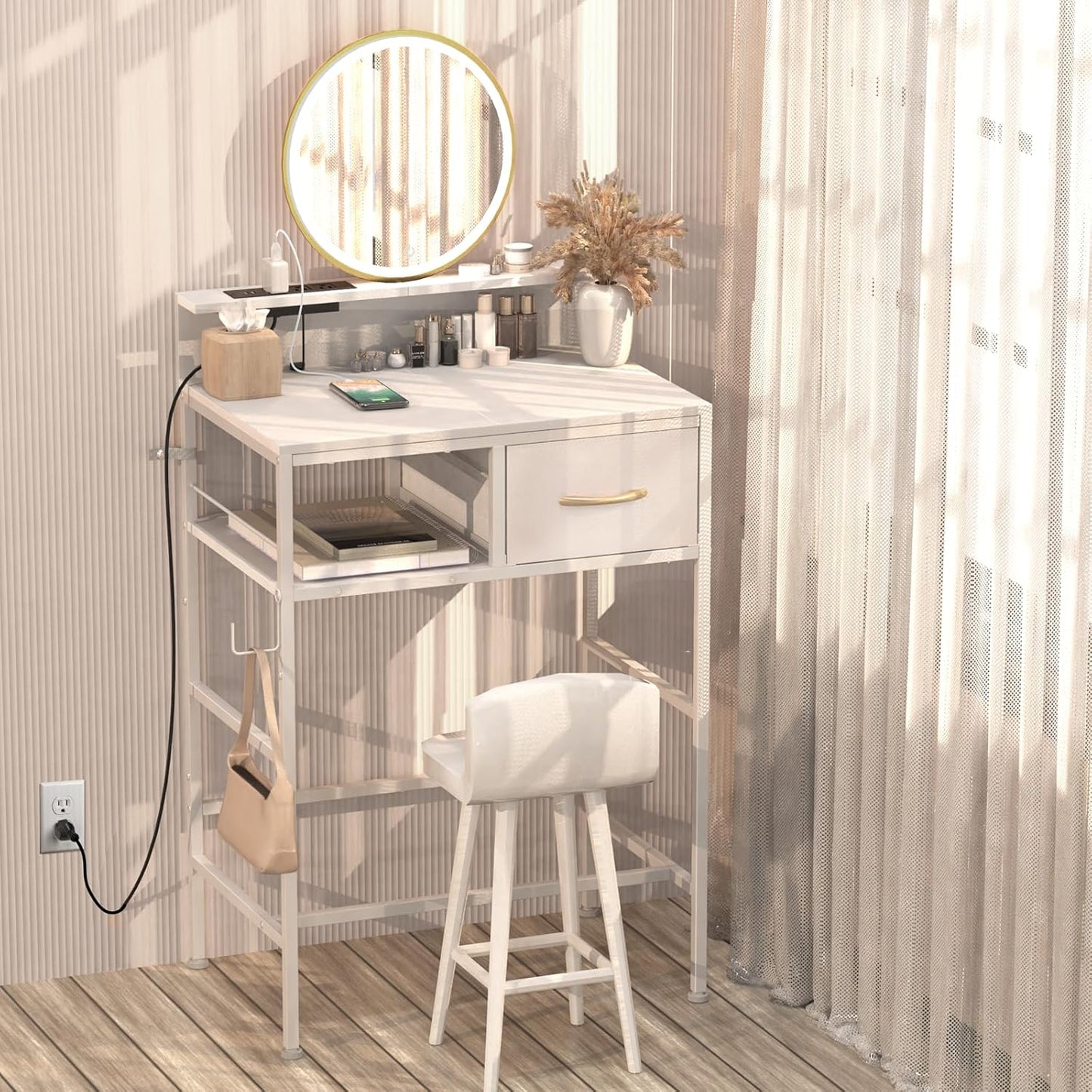 Small Vanity Desk No Mirror, 23.6 Inch Makeup Vanity Table with Fabric Drawers Power Outlet, Compact Makeup Desk for Girls Bedroom and Small Space, White