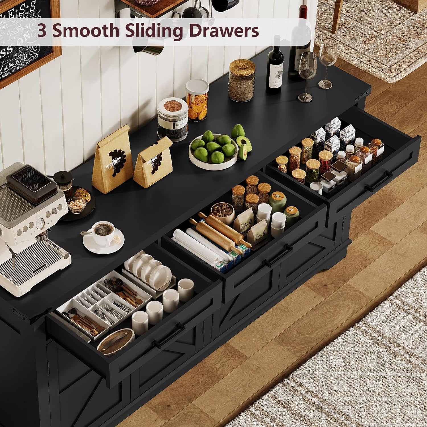 Buffet Cabinet, 63” Large Sideboard Buffet Storage Cabinet with 3 Drawers, Farmhouse Coffee Bar with 4 Doors, for Kitchen, Living Room, Black