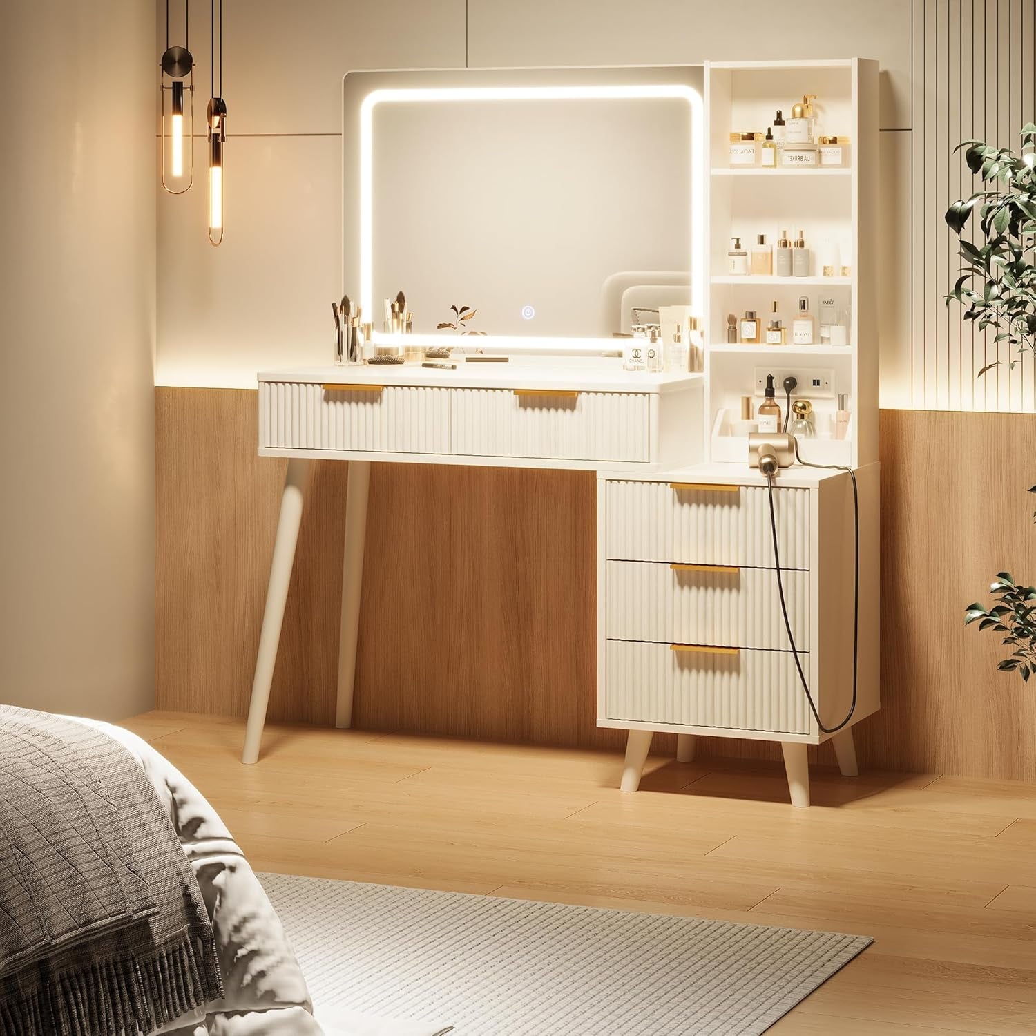 Vanity Desk with Mirror and Lights, Makeup Vanity Desk with Power Outlet, Makeup Desk with 5 Drawers&Storage Shelves, Vanity Table 3 Color Modes Adjustable Brightness Dressing Table Set for Bedroom