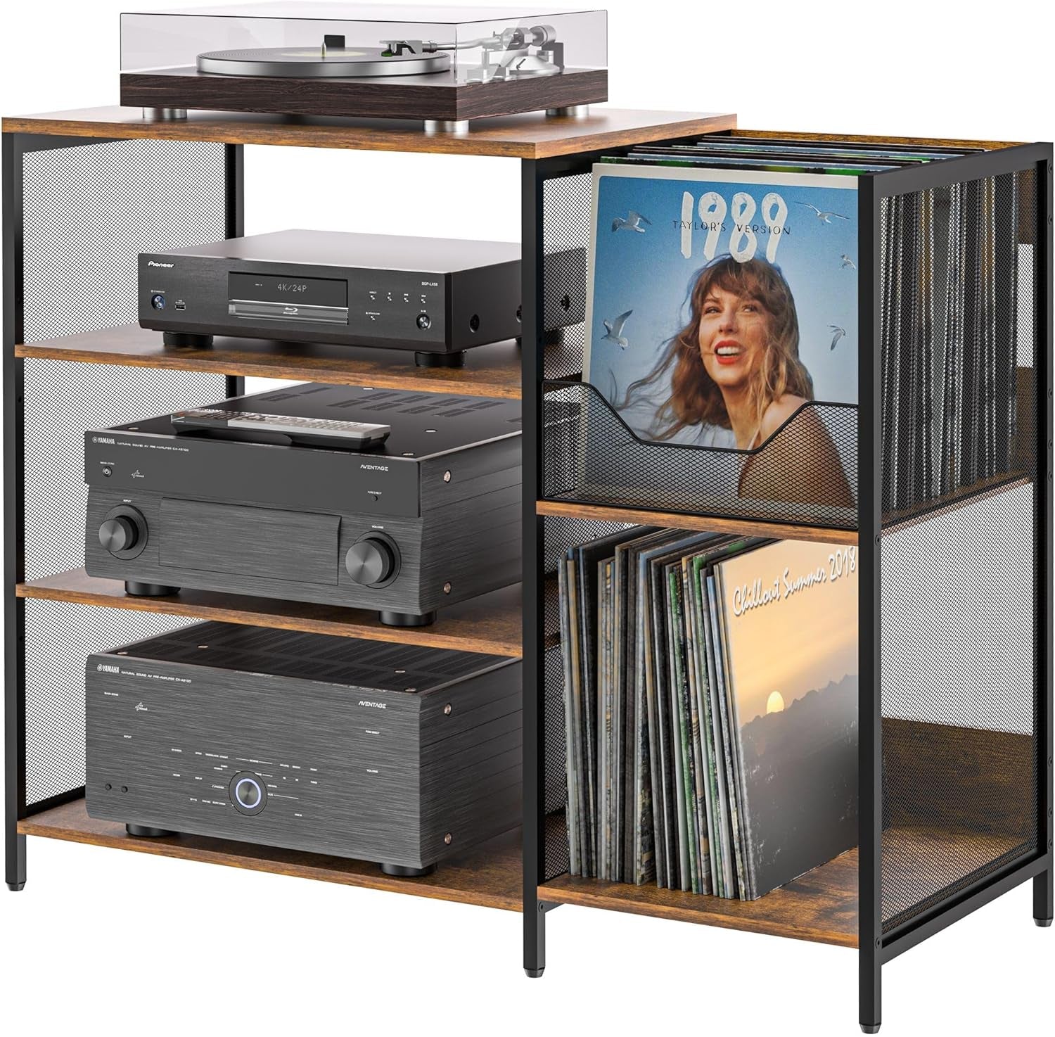 Large Record Player Stand Table with Vinyl Record Holder up to 150PCS, AV Media Stand Stereo Cabinet Shelf Rack Tower with Storage, Sturdy, Adjustable Feet, Rustic, Large Capacity