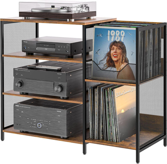 Large Record Player Stand Table with Vinyl Record Holder up to 150PCS, AV Media Stand Stereo Cabinet Shelf Rack Tower with Storage, Sturdy, Adjustable Feet, Rustic, Large Capacity