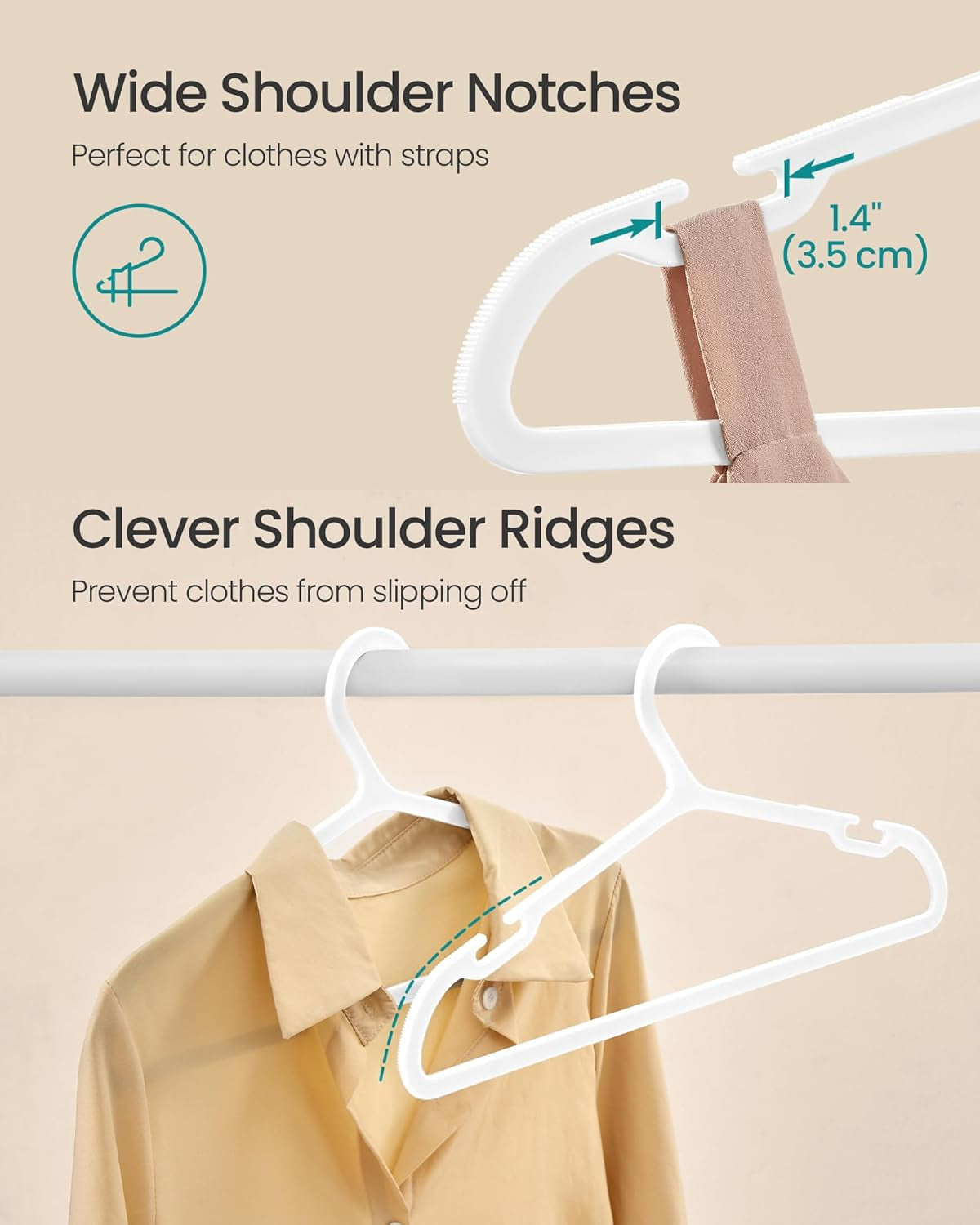 Clothes Hangers, Pack of 50, Plastic Hangers, with Wide Shoulder Notches, Space-Saving Coat Hangers, 16.4 Inches Wide, for Closet, Cloud White UCRP010W01