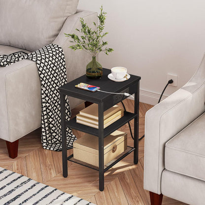 Side Table with Charging Station and USB Port, Small End Table for Small Space, 3-Tier Nightstand with Adjustable Shelf, for Living Room, Bedroom and Balcony, Black BB112BZ01