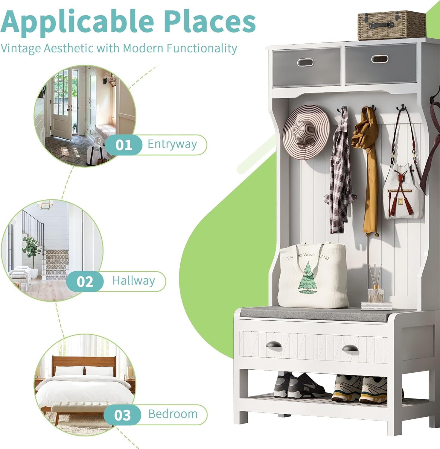 Wood Hall Tree with Shoe Storage Bench for Entryway, 4-In-1 Coat Rack with 6 Hooks, Cabinets and Shelves for Entrance, Hallway White
