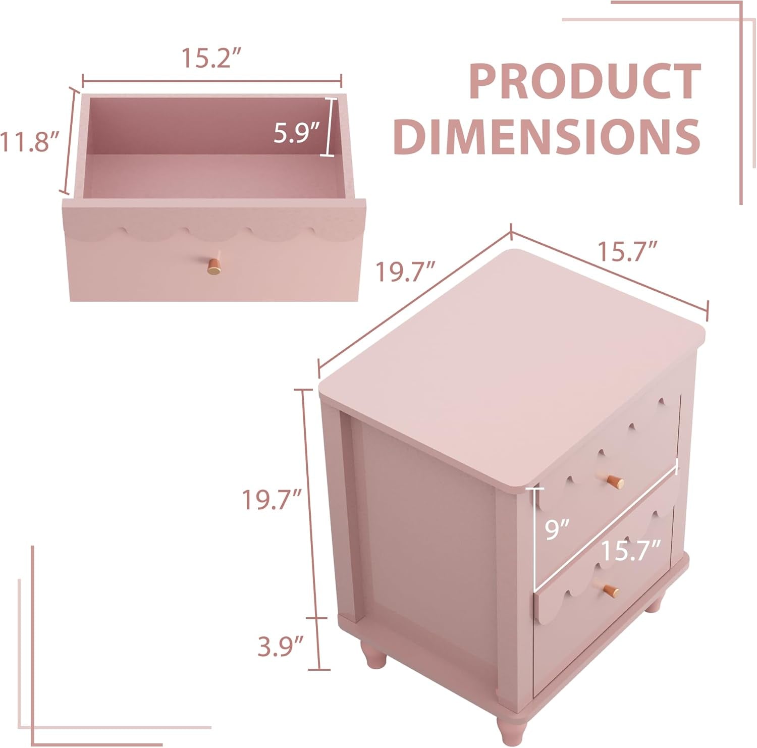 Pink Nightstand Side End Table with 2 Drawers, Modern Night Stand with Petal Pattern for Bedroom, Scalloped Bedside Night Tables with Solid Wood Legs