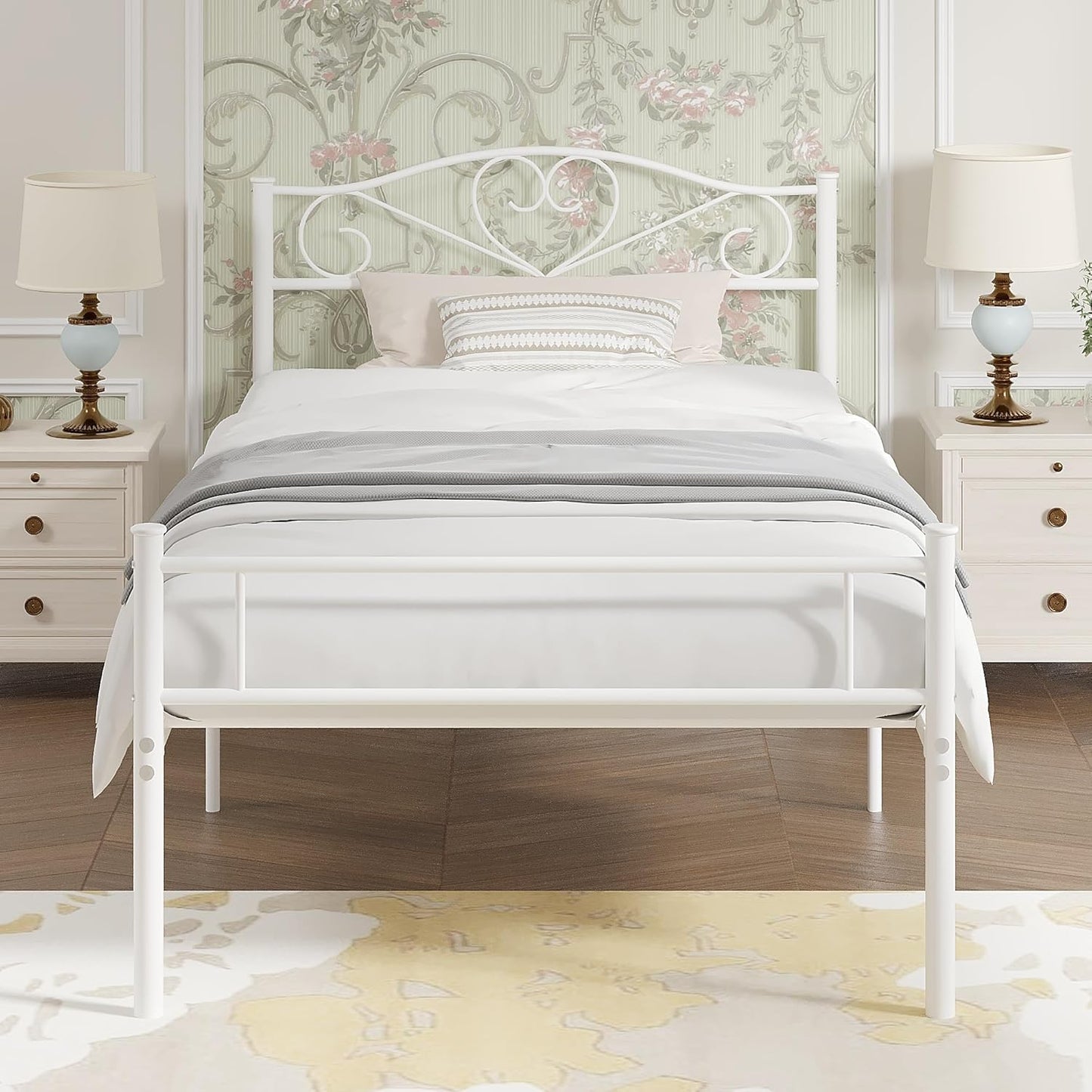 14 Inch Twin Size Metal Platform Bed Frame with Headboard and Footboard, Heavy Duty Mattress Foundation with Steel Slats Support, No Box Spring Needed, White