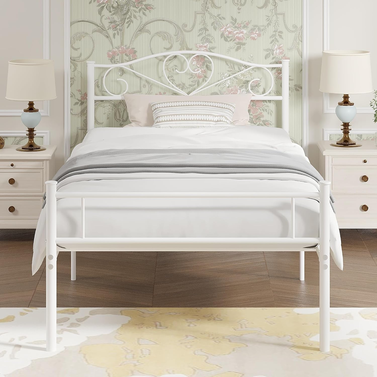 14 Inch Twin Size Metal Platform Bed Frame with Headboard and Footboard, Heavy Duty Mattress Foundation with Steel Slats Support, No Box Spring Needed, White