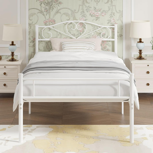 14 Inch Twin Size Metal Platform Bed Frame with Headboard and Footboard, Heavy Duty Mattress Foundation with Steel Slats Support, No Box Spring Needed, White