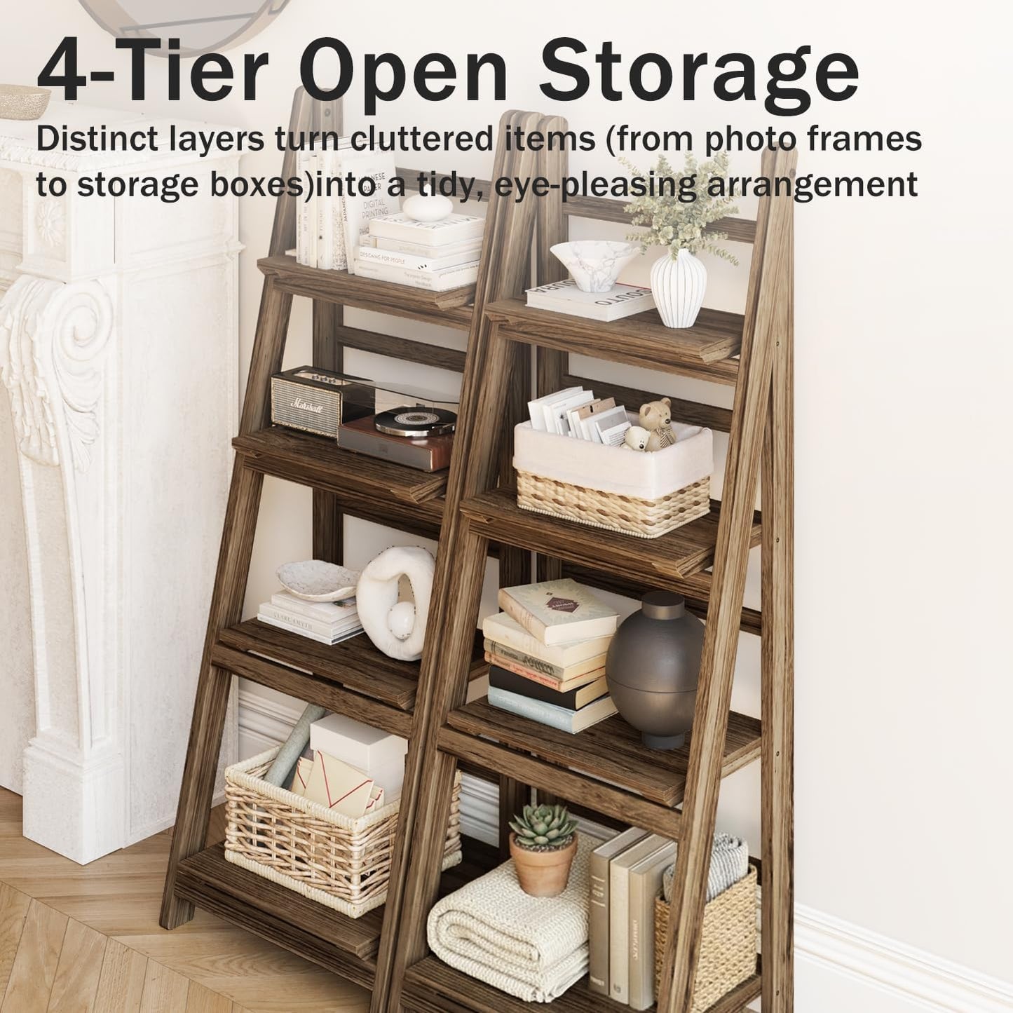 Ladder Shelves - Folding Wooden Ladder Bookshelf, 4-Tier Retro Plant Stand Storage Shelves for Home Living Room, Brown