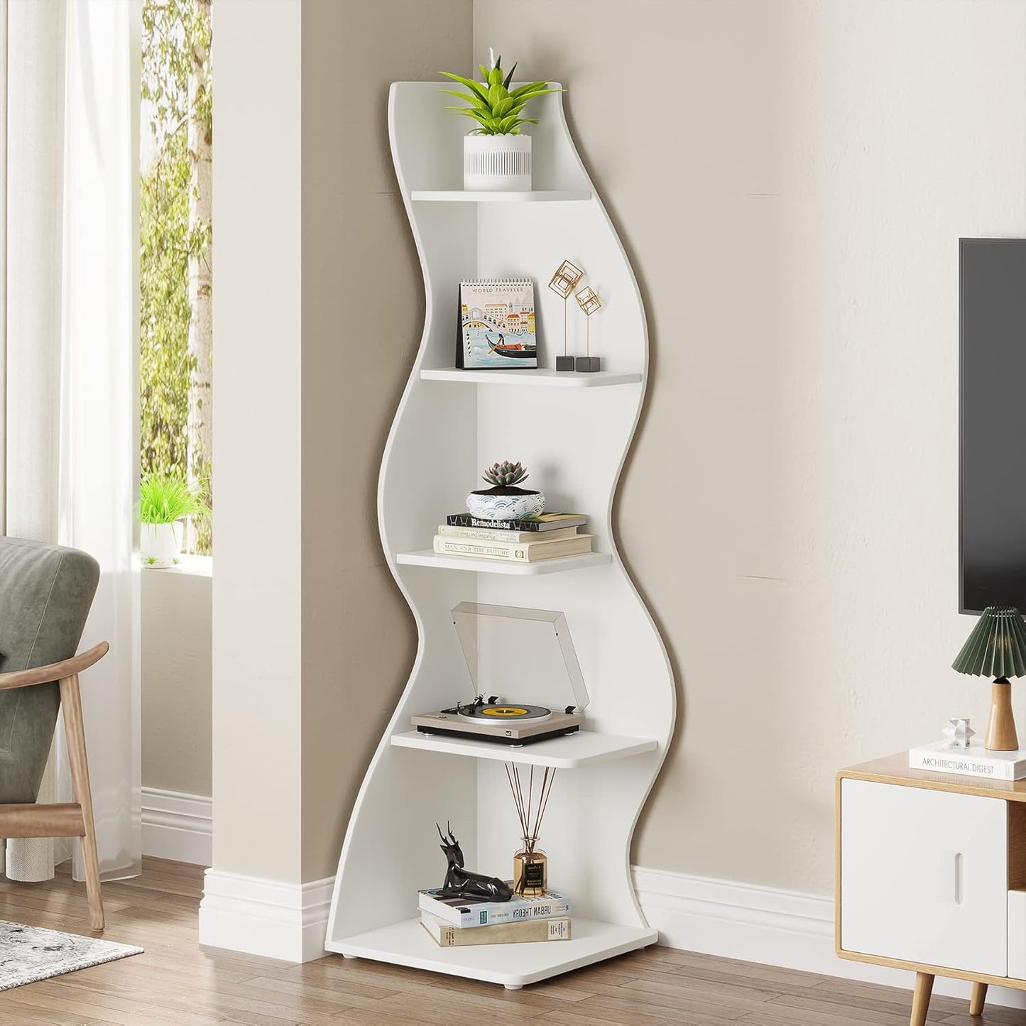 Corner Shelf, Modern 5-Tier Wall Corner Bookshelf, Stylish Corner Small Bookcase Storage Rack Plant Stand with Unique Shape for Living Room, Home Office (White, 1PC)