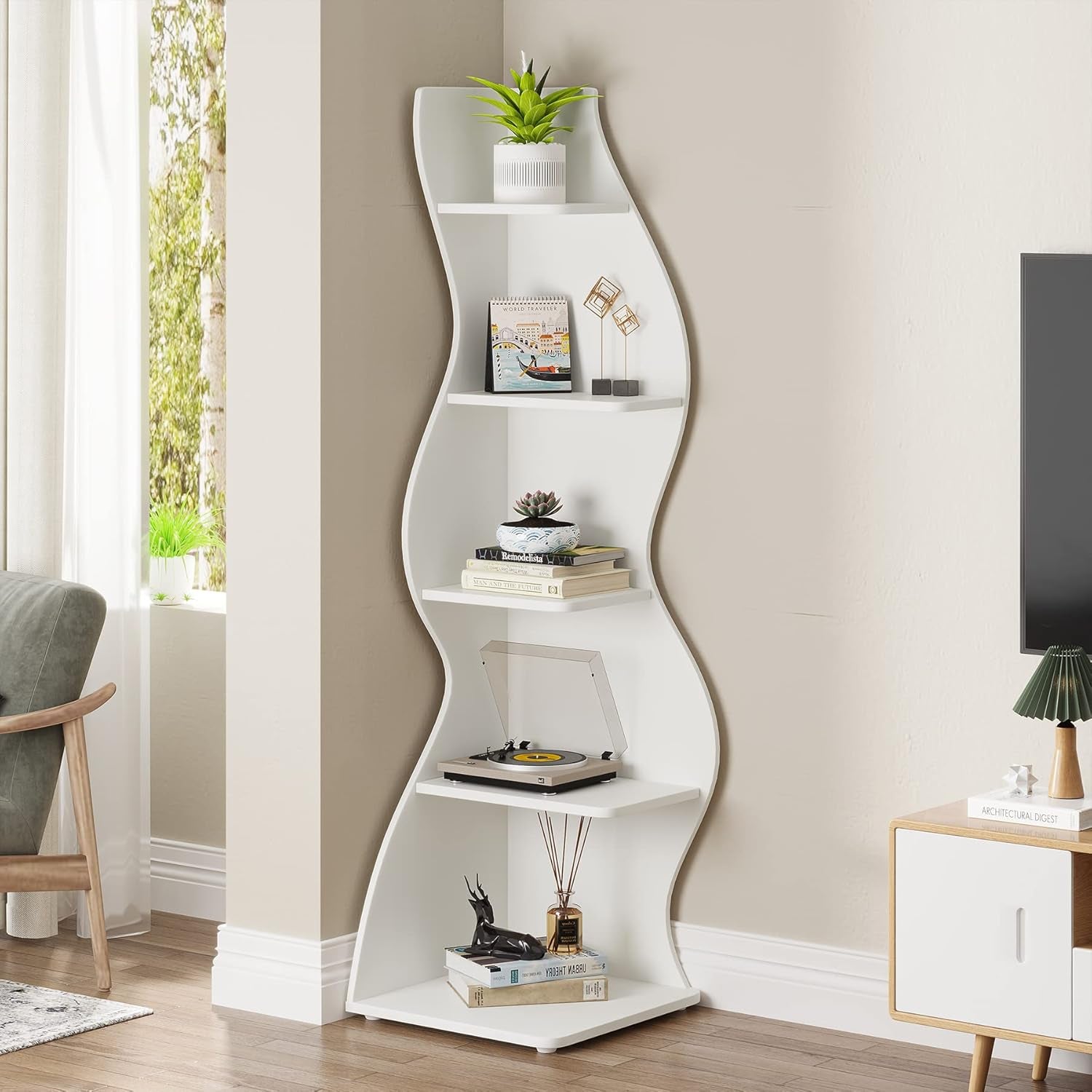 Corner Shelf, Modern 5-Tier Wall Corner Bookshelf, Stylish Corner Small Bookcase Storage Rack Plant Stand with Unique Shape for Living Room, Home Office (White, 1PC)