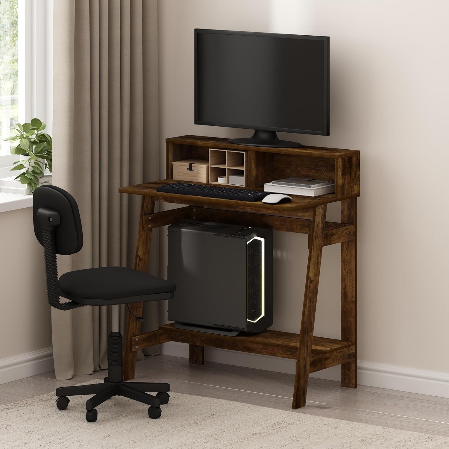 Simplistic Desk, Gaming Desk with Monitor Stand, a Frame Computer Desk, Office Desk for Home Office, Bedroom, Amber Pine